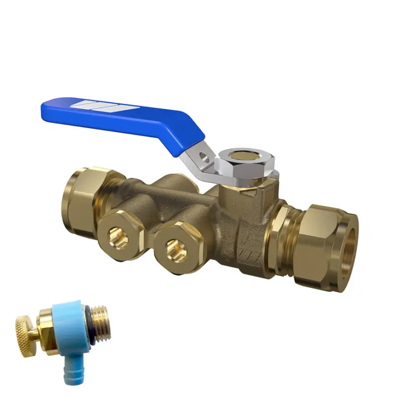 Watts keerklep, messing, 2x knel, EA beveiliging, type TBE, incl. aftap + kogelkraan + hendel, 15 mm Uitverkoop