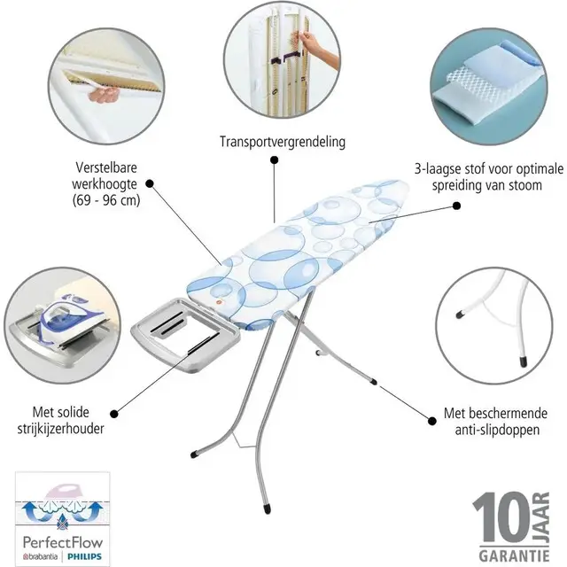 Brabantia Perfect Flow Strijkplank B + Strijkijzerhouder - 124 x 38 cm - Bubbles Favoriet
