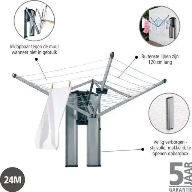 Direct Beschikbaar Brabantia WallFix Wanddroger + Opberg-/Beschermbox - 24 m - Grijs