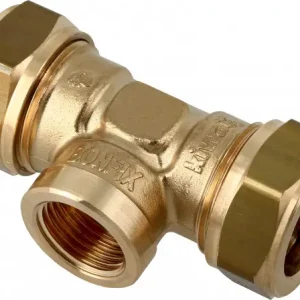 Bonfix knelkoppeling - T-stuk knel x binnendraad x knel - 15mm x 1/4” x 15mm - Messing Laatste Versie
