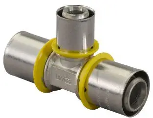 Uponor MLC-G gas pers T-stuk - verlopend - pers x pers x pers - 25mm x 20mm x 25mm Plaats Bestelling
