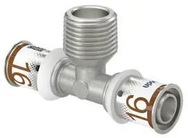 Uponor S-Press Plus draad T-stuk 90° - pers x buitendraad x pers - 16mm x 1/2" x 16mm - messing - Kiwa In De Mode