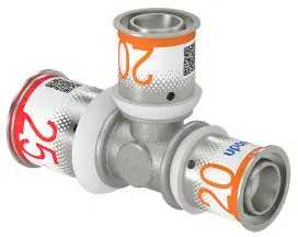 Dagaanbieding Uponor S-Press Plus verloop T-stuk 90° - pers x pers x pers - 25mm x 20mm x 20mm - messing - Kiwa