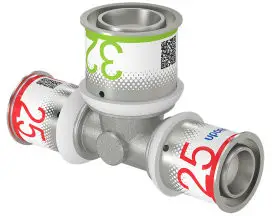 Uponor S-Press Plus verloop T-stuk 90° - pers x pers x pers - 25mm x 32mm x 25mm - messing - Kiwa Rechtstreeks Van De Fabrikant