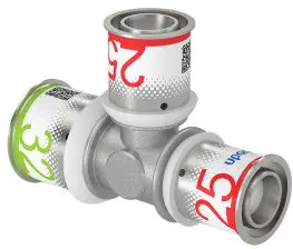 Uponor S-Press Plus verloop T-stuk 90° - pers x pers x pers - 32mm x 25mm x 25mm - messing - Kiwa Plaats Bestelling