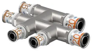 Uponor S-Press Plus kruisstuk - pers x pers x pers - 20mm x 16mm x 16mm - messing - Kiwa - Smart Radi Nieuw