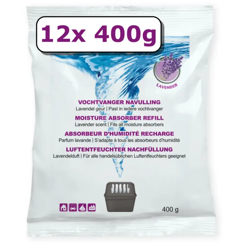 Vochtvanger navulling - 12 stuks - lavendel - universeel - 400 gram In De Mode