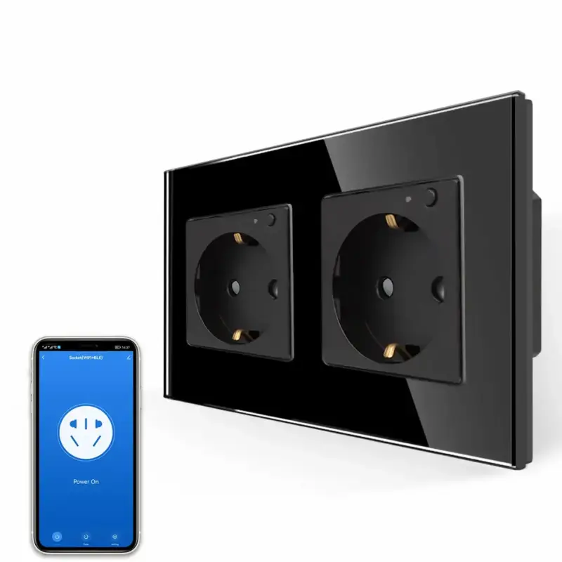 Weekendaanbieding Smartinhuis - Slim Tweevoudig Stopcontact - Zwart - Kristalglas - Wifi - Compatibel Met Google Home