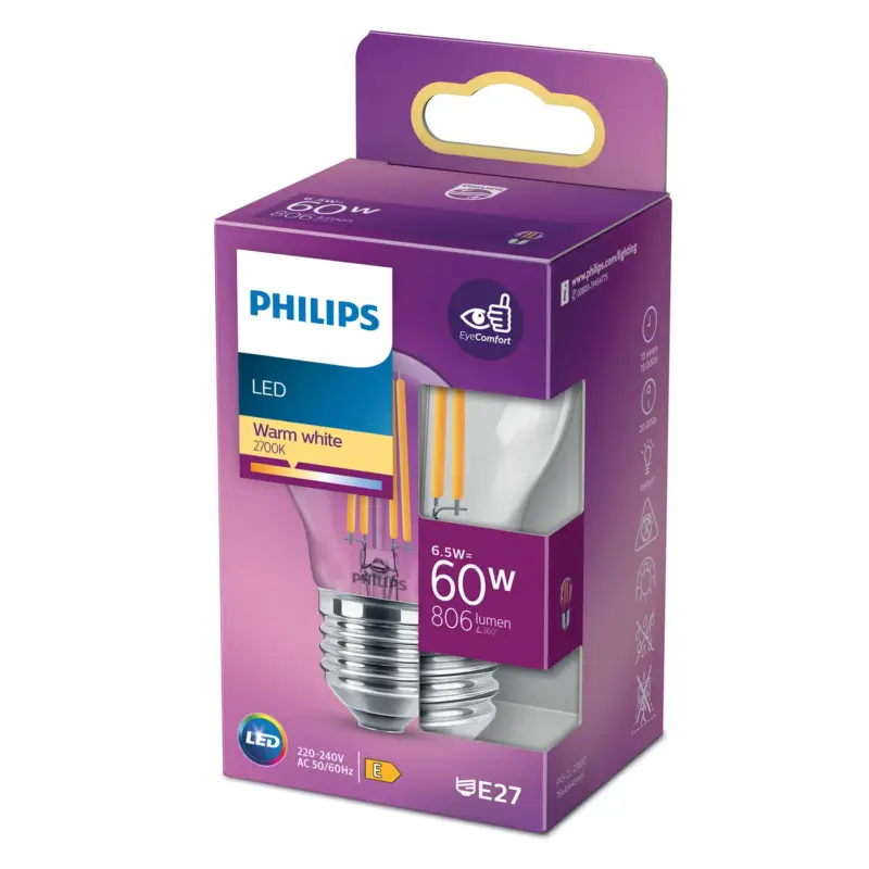 Weekendaanbieding Philips Ledfilamentlamp Peertje - D4,5cm - Warm Wit - E27 - 6,5W