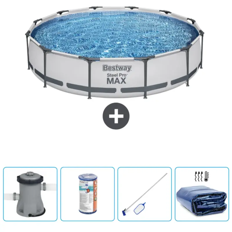 Bestway Rond Steel Pro MAX Zwembad - 366 x 76 cm - Grijs - Inclusief Accessoires CB57 Seizoensaanbieding