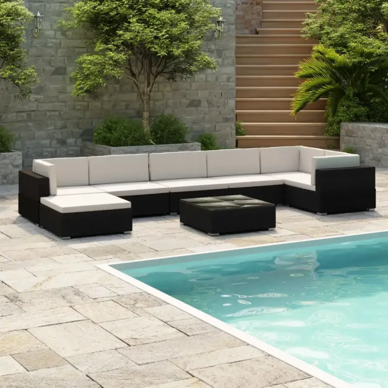 vidaXL Loungeset - PE Rattan - Staal frame - Waterdicht - Zwart - 7 zitkussens Alleen Vandaag