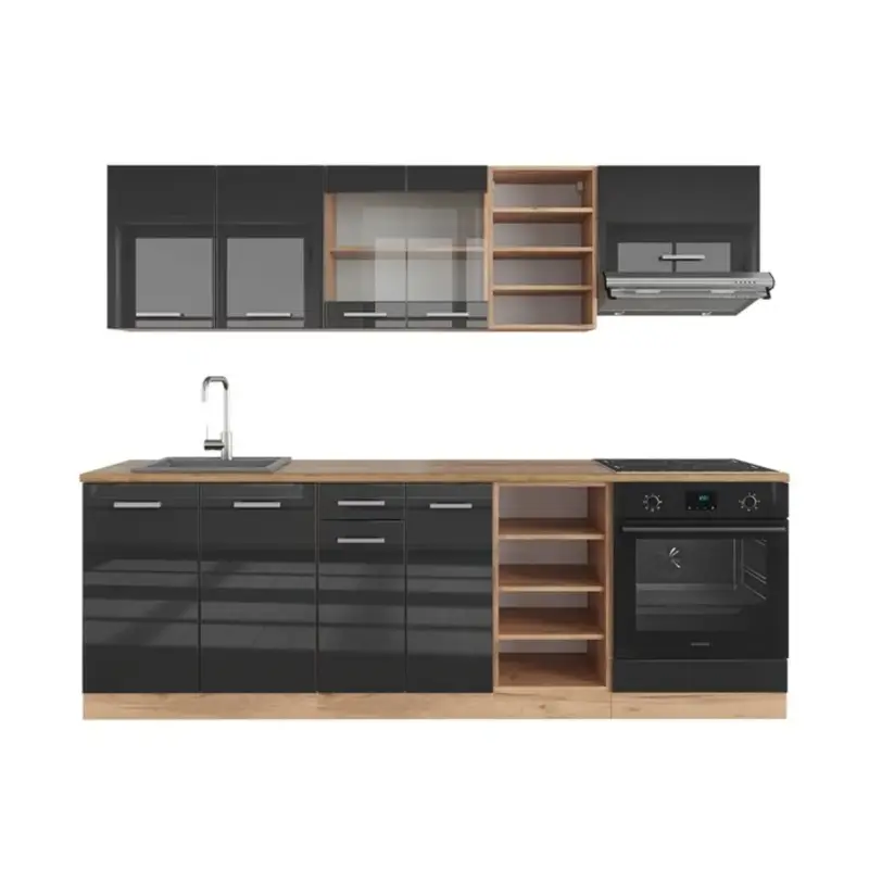 Voordeelprijs Vicco Rline Keuken, 240 Cm Zonder Werkblad, Glanzend Antraciet/gouden Eiken,