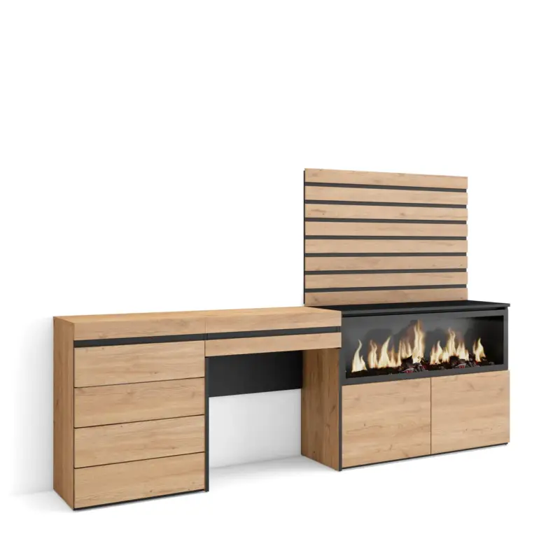 Actieprijs Skraut Home - Kaptafel Make Uptafel - Elektrische Haard - Commode - Lamellenwand Hout - 234x35x145cm